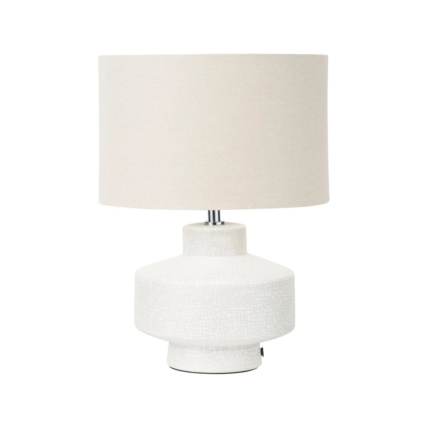 Neutral White Crackle-Effect Ceramic Table Lamp with White Linen Drum Shade – Sculptural Stoneware Table Light 38x28x28cm | Click Style
