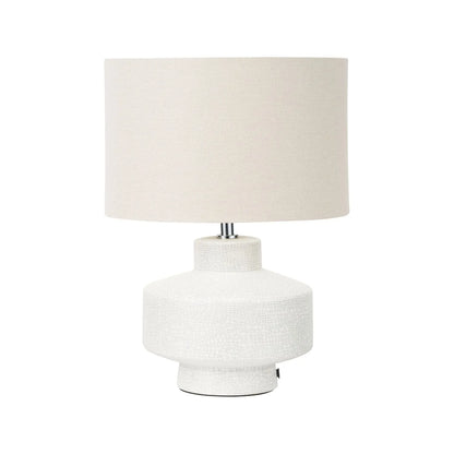 Neutral White Crackle-Effect Ceramic Table Lamp with White Linen Drum Shade – Sculptural Stoneware Table Light 38x28x28cm | Click Style