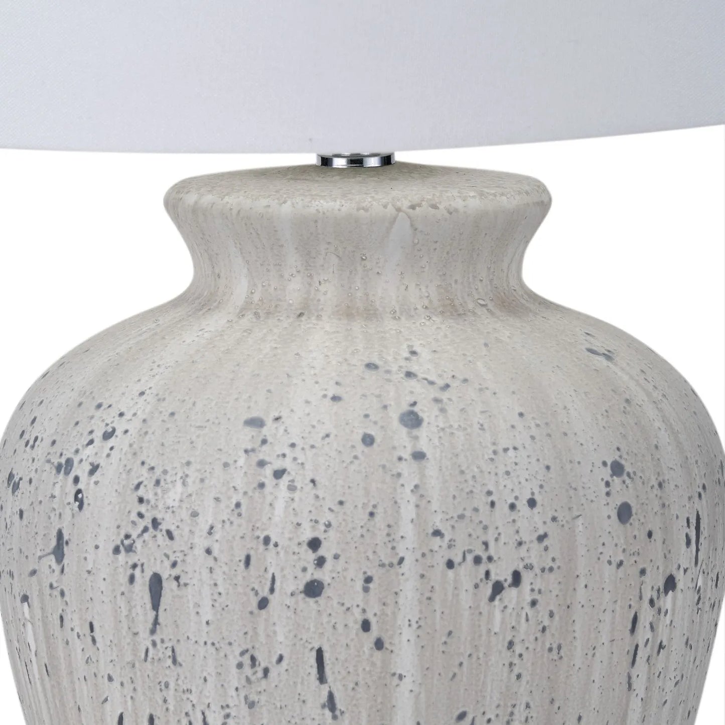 Neutral White & Grey Flecked Ceramic Table Lamp with White Tapered Cotton Shade – Distressed Stoneware-Effect Table Light 54x36x36cm | Click Style