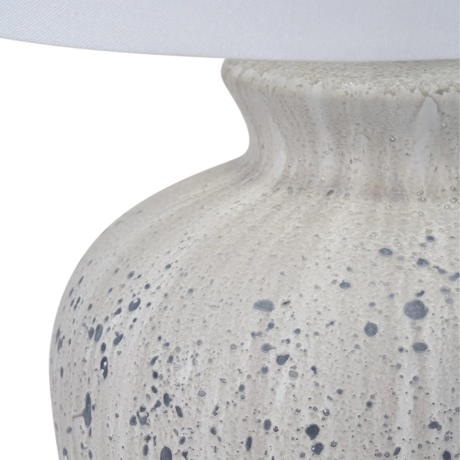 Neutral White & Grey Flecked Ceramic Table Lamp with White Tapered Cotton Shade – Distressed Stoneware-Effect Table Light 54x36x36cm | Click Style