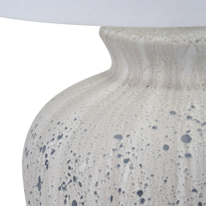 Neutral White & Grey Flecked Ceramic Table Lamp with White Tapered Cotton Shade – Distressed Stoneware-Effect Table Light 54x36x36cm | Click Style