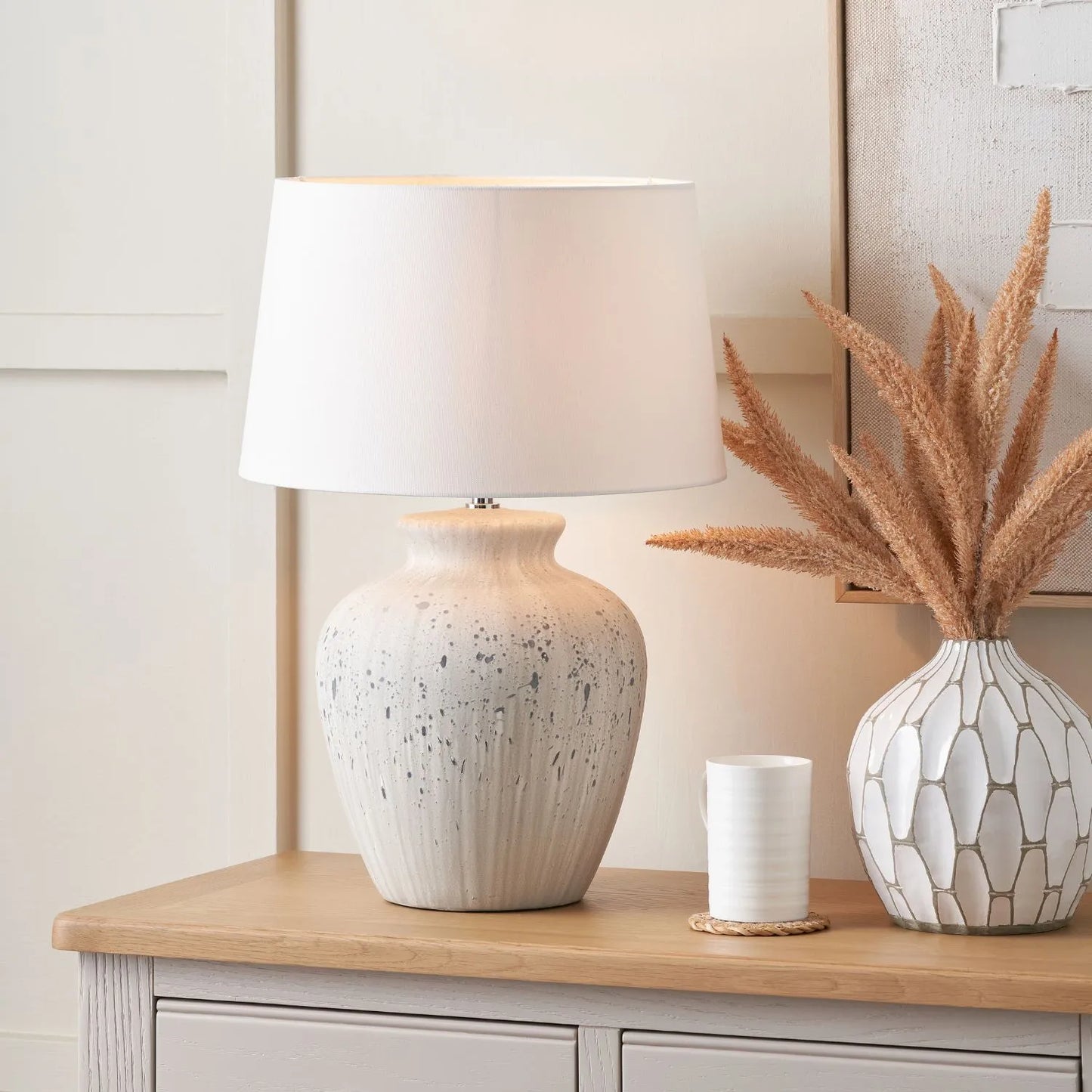 Neutral White & Grey Flecked Ceramic Table Lamp with White Tapered Cotton Shade – Distressed Stoneware-Effect Table Light 54x36x36cm | Click Style