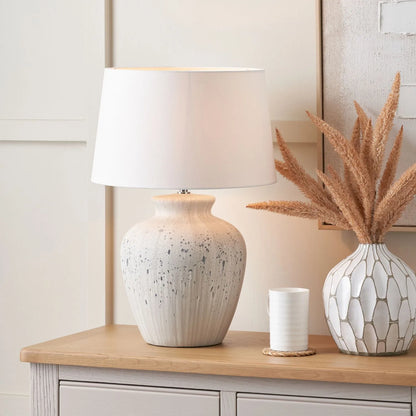 Neutral White & Grey Flecked Ceramic Table Lamp with White Tapered Cotton Shade – Distressed Stoneware-Effect Table Light 54x36x36cm | Click Style