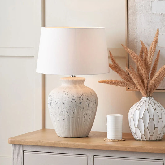 Neutral White & Grey Flecked Ceramic Table Lamp with White Tapered Cotton Shade – Distressed Stoneware-Effect Table Light 54x36x36cm | Click Style
