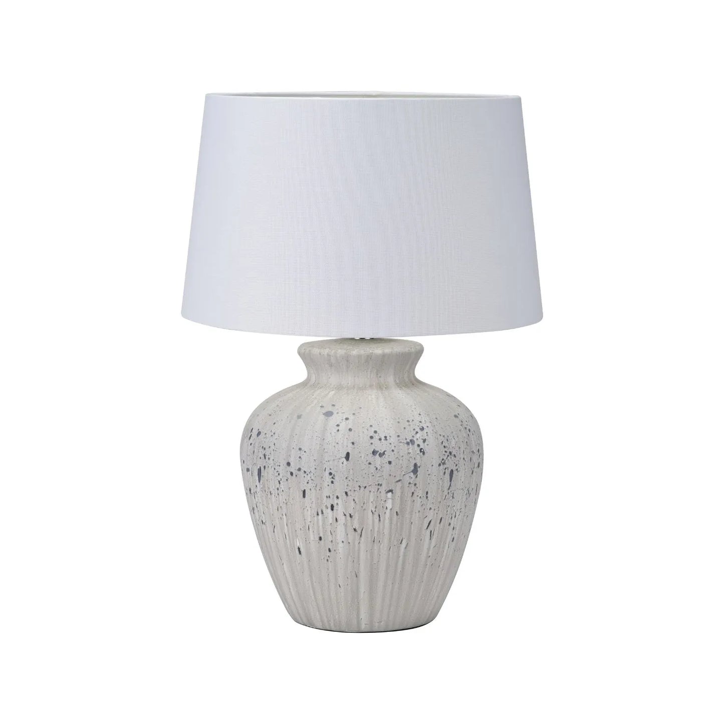 Neutral White & Grey Flecked Ceramic Table Lamp with White Tapered Cotton Shade – Distressed Stoneware-Effect Table Light 54x36x36cm | Click Style