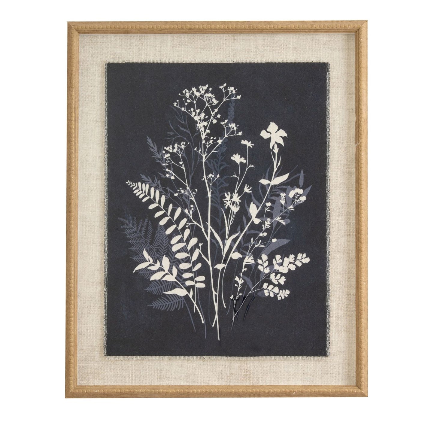 Neutral Botanical Black & White Wildflower & Foliage Silhouette Print with Beaded Wooden Frame – Framed Wall Art 40x50x2cm | Click Style