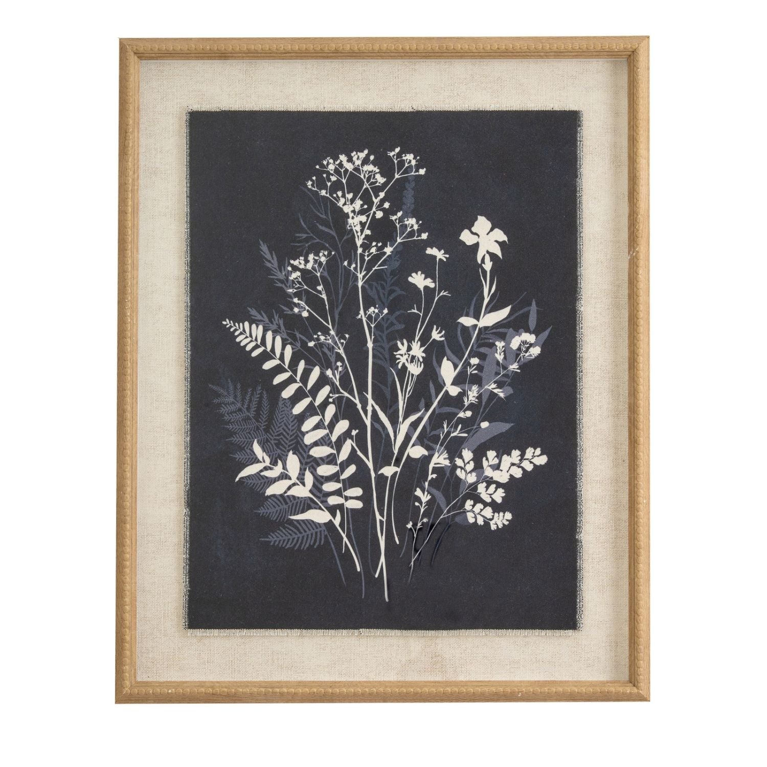 Neutral Botanical Black & White Wildflower & Foliage Silhouette Print with Beaded Wooden Frame – Framed Wall Art 40x50x2cm | Click Style