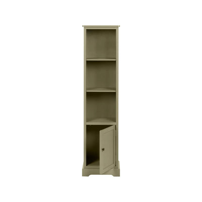 Olive Green Pine Wood 1 Door 3 Shelf Display Storage Unit with Matt Black Door Knob front view with open cupboard 153x38x30cm | Click Style