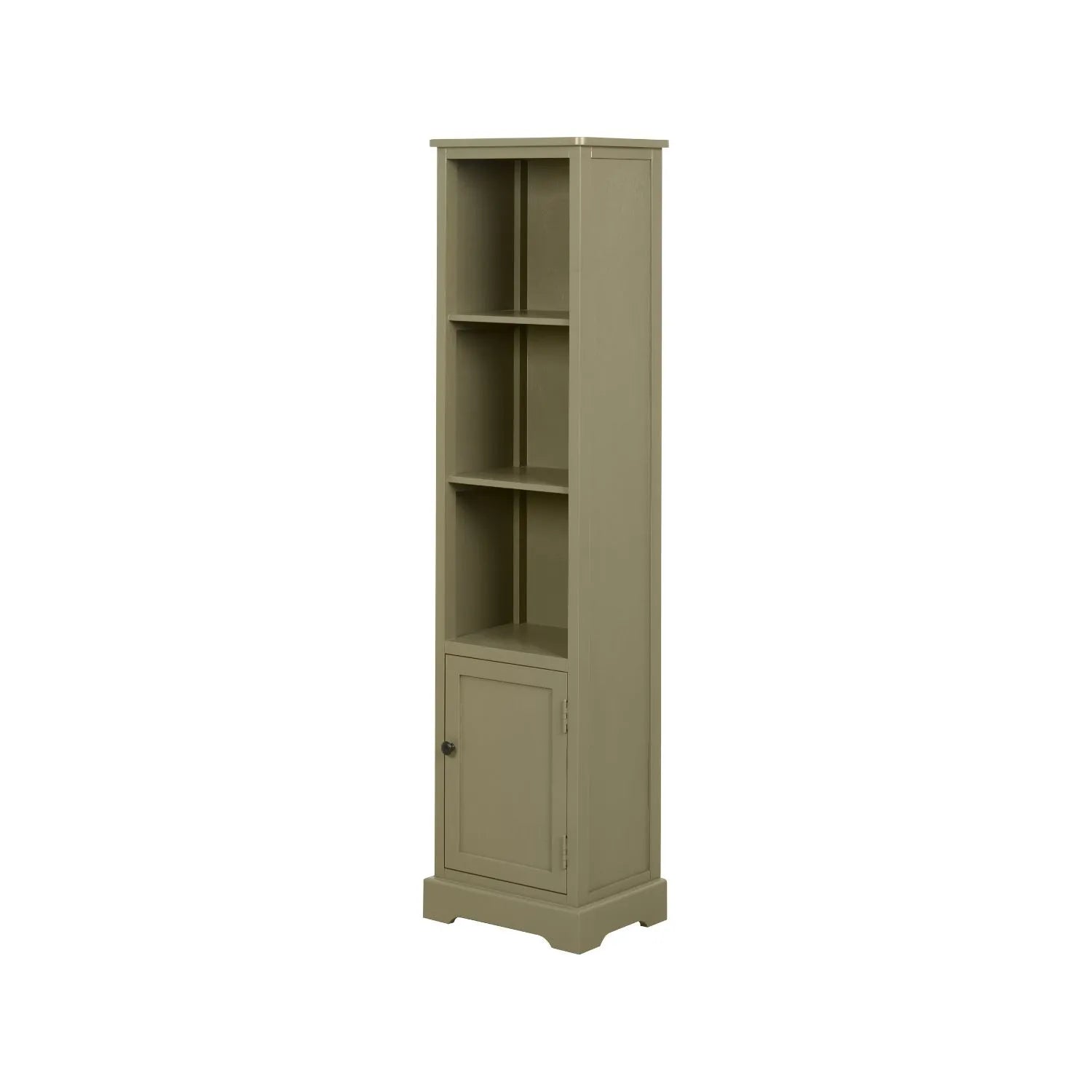 Olive Green Pine Wood 1 Door 3 Shelf Display Storage Unit with Matt Black Door Knob angled left view 153x38x30cm | Click Style
