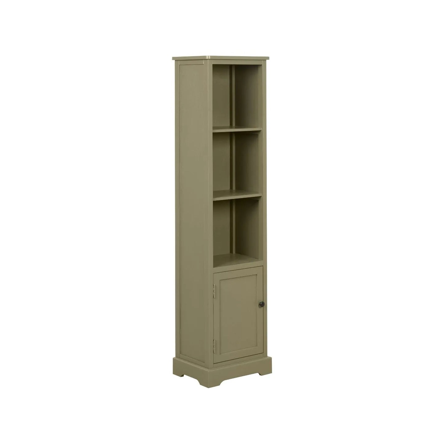 Olive Green Pine Wood 1 Door 3 Shelf Display Storage Unit with Matt Black Door Knob angled right view 153x38x30cm | Click Style