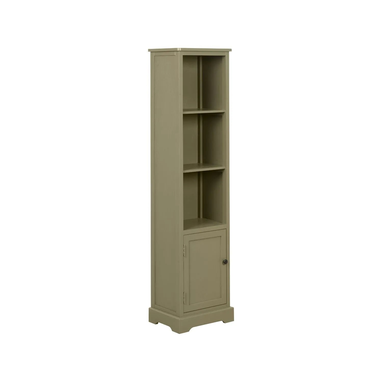 Olive Green Pine Wood 1 Door 3 Shelf Display Storage Unit with Matt Black Door Knob angled right view 153x38x30cm | Click Style