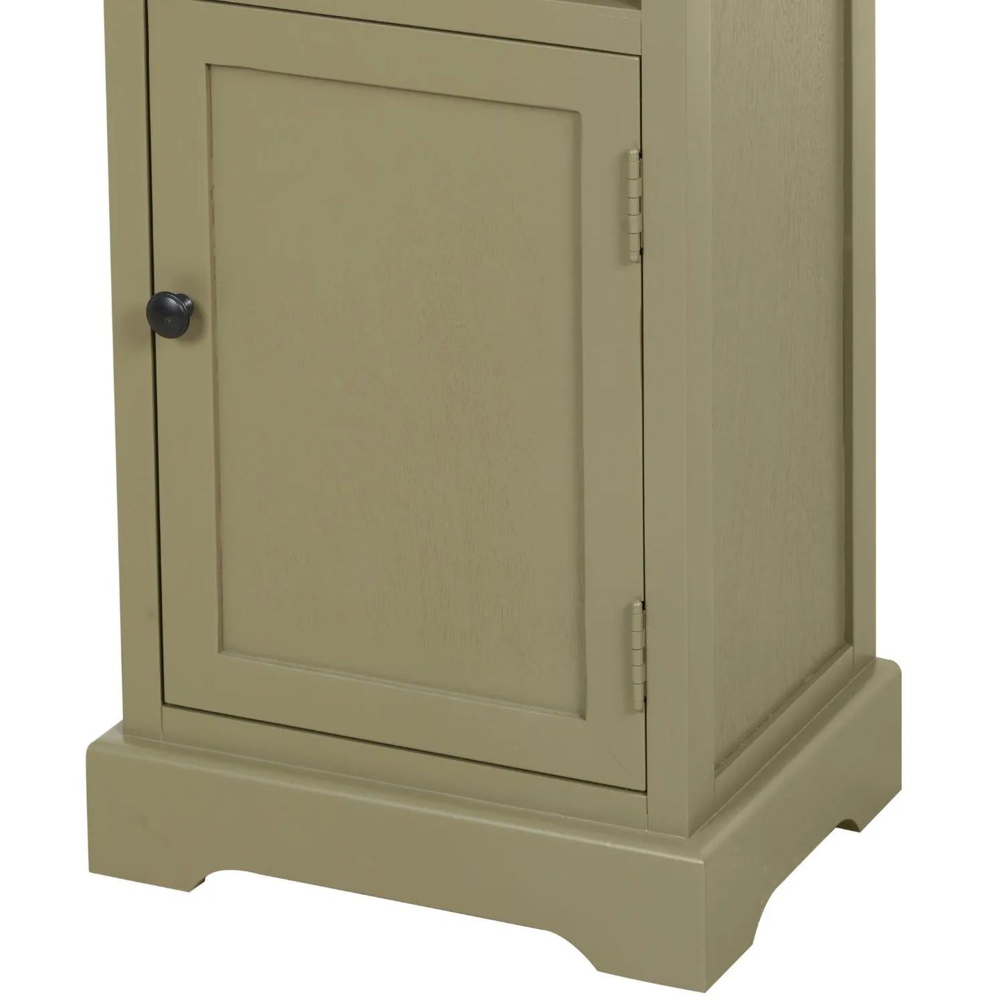 Olive Green Pine Wood 1 Door 3 Shelf Display Storage Unit with Matt Black Door Knob angled left close-up of bottom section with cupboard door, door knob and plinth 153x38x30cm | Click Style