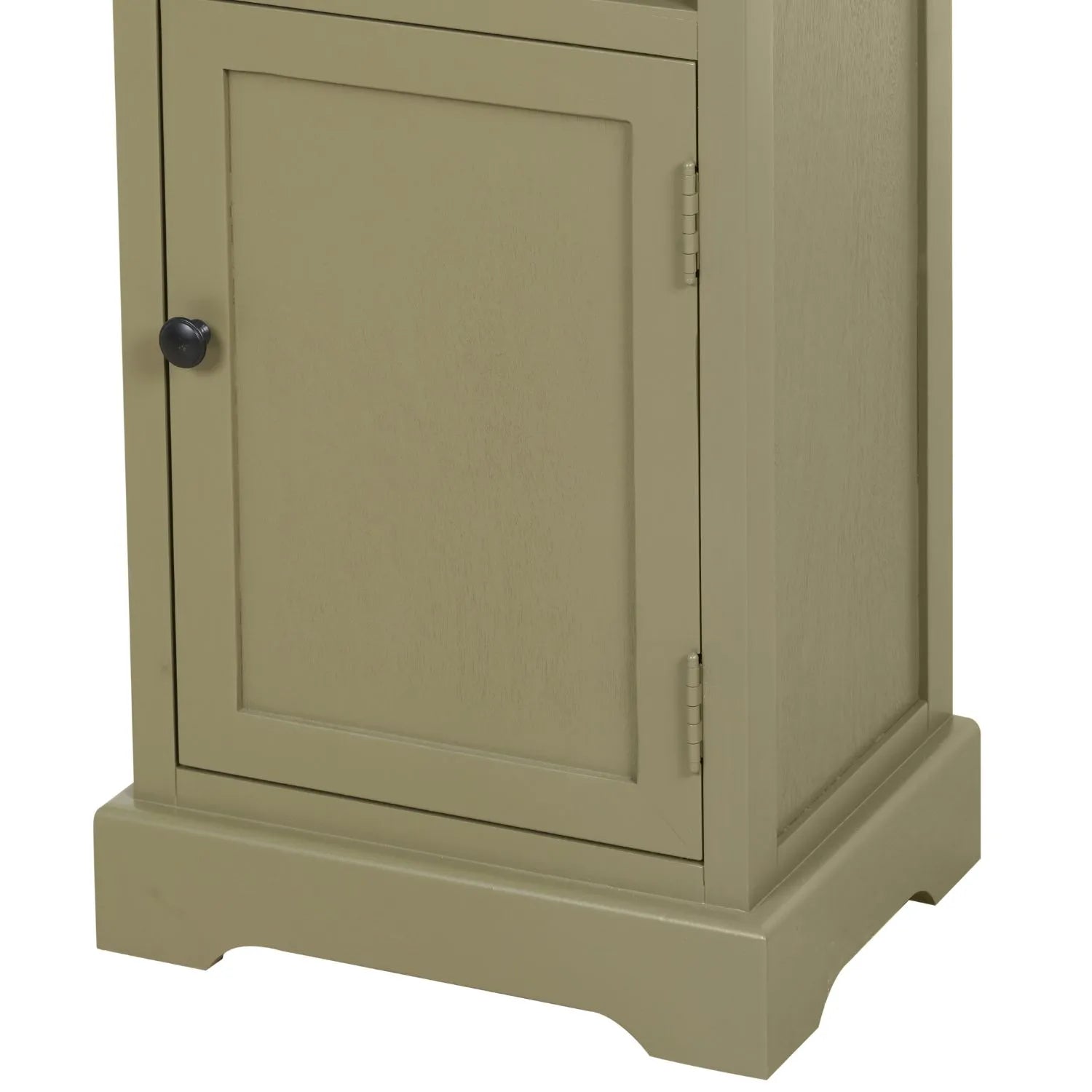 Olive Green Pine Wood 1 Door 3 Shelf Display Storage Unit with Matt Black Door Knob angled left close-up of bottom section with cupboard door, door knob and plinth 153x38x30cm | Click Style