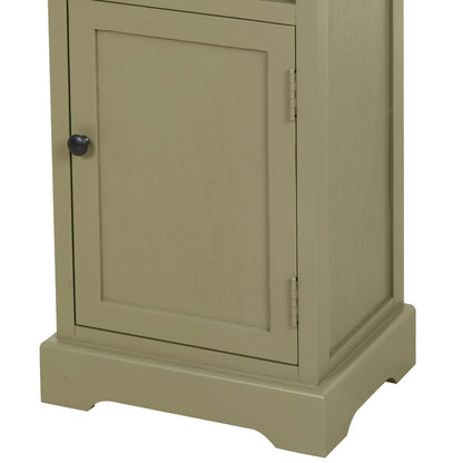 Olive Green Pine Wood 1 Door 3 Shelf Display Storage Unit with Matt Black Door Knob angled left close-up of bottom section with cupboard door, door knob and plinth 153x38x30cm | Click Style