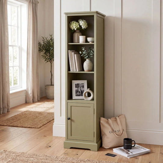 Olive Green Pine Wood 1 Door 3 Shelf Display Storage Unit with Matt Black Door Knob styled in a modern country home with a Click Style tote bag 153x38x30cm | Click Style
