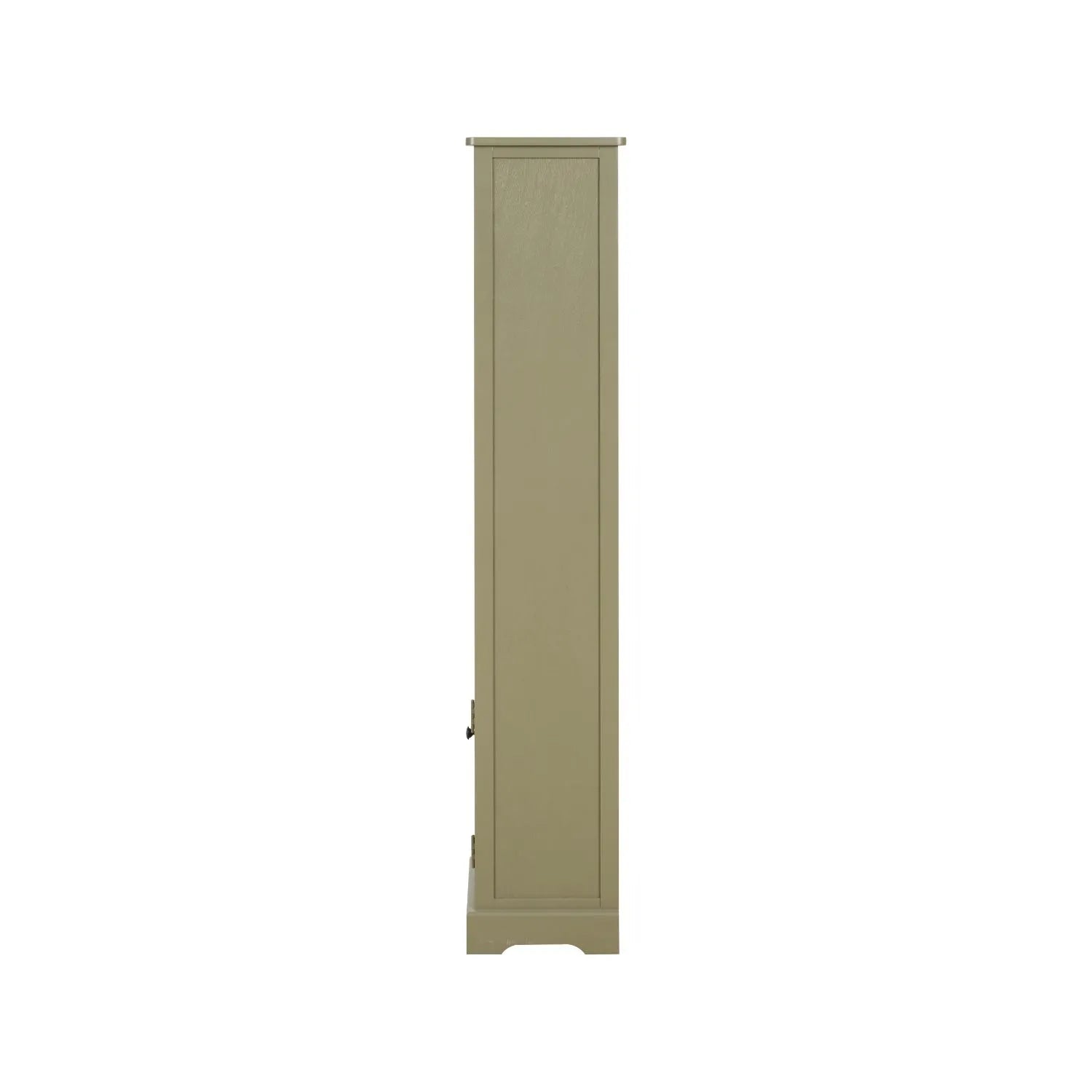 Olive Green Pine Wood 1 Door 3 Shelf Display Storage Unit with Matt Black Door Knob side view 153x38x30cm | Click Style