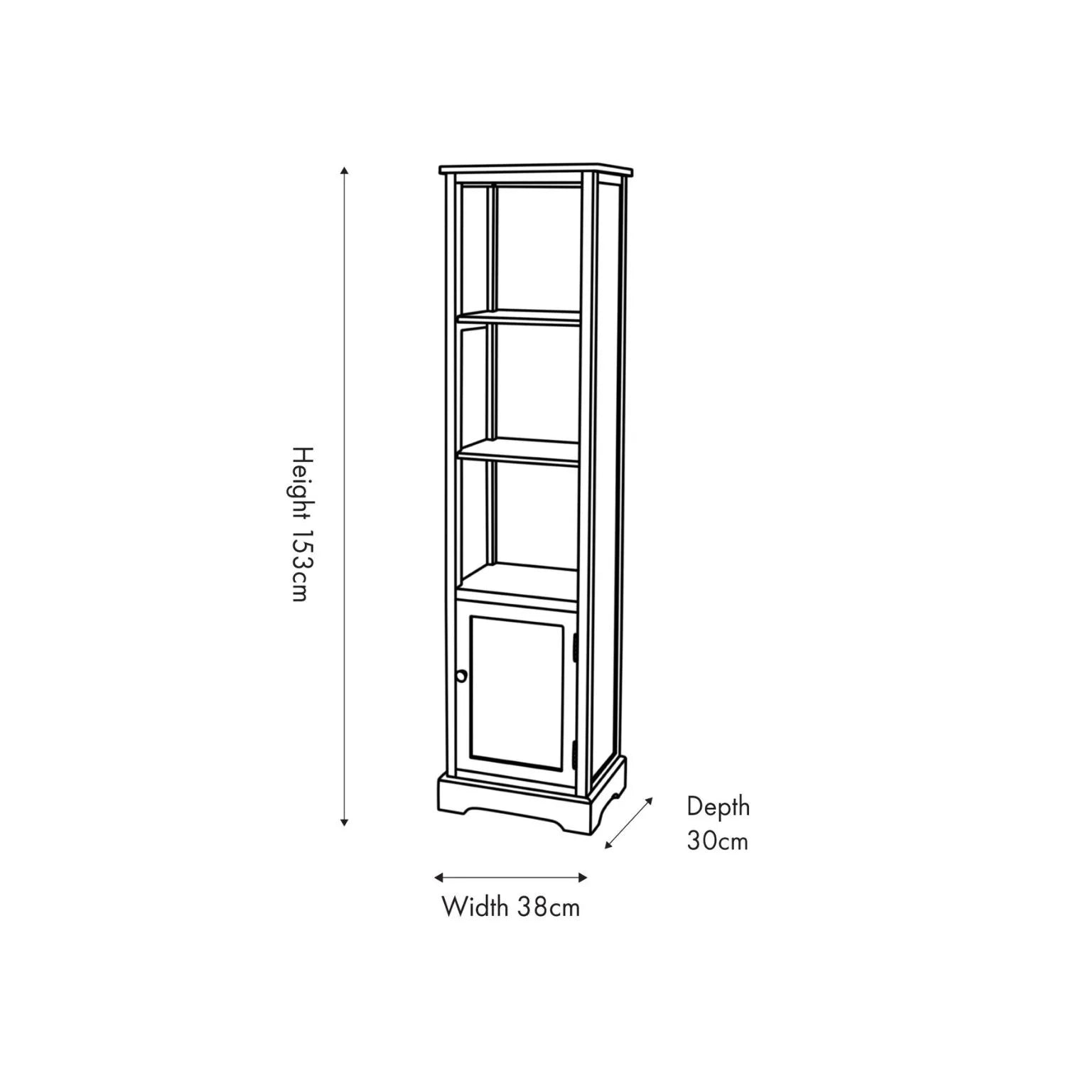 Olive Green Pine Wood 1 Door 3 Shelf Display Storage Unit with Matt Black Door Knob dimensions diagram 153x38x30cm | Click Style