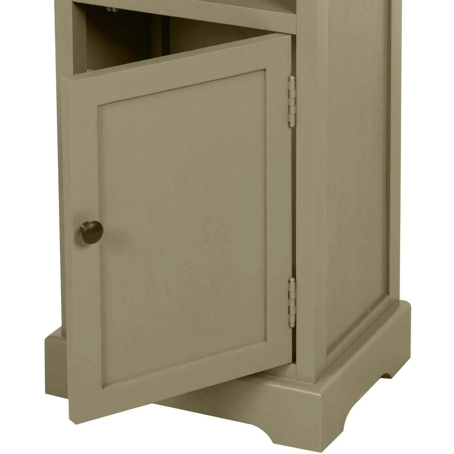 Olive Green Pine Wood 1 Door 3 Shelf Display Storage Unit with Matt Black Door Knob angled left close-up of bottom section with open cupboard, door knob and plinth 153x38x30cm | Click Style