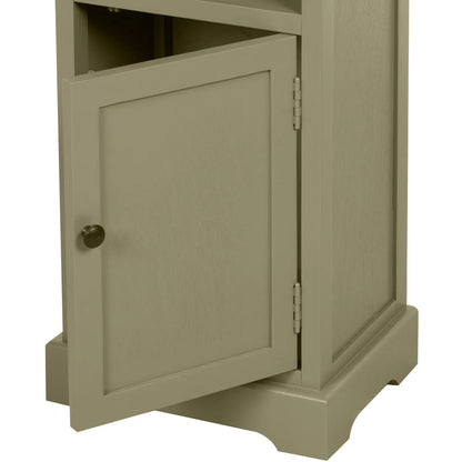 Olive Green Pine Wood 1 Door 3 Shelf Display Storage Unit with Matt Black Door Knob angled left close-up of bottom section with open cupboard, door knob and plinth 153x38x30cm | Click Style