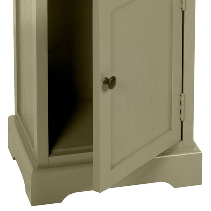 Olive Green Pine Wood 1 Door 3 Shelf Display Storage Unit with Matt Black Door Knob lower bottom right angled close-up with open cupboard, door knob and plinth 153x38x30cm | Click Style