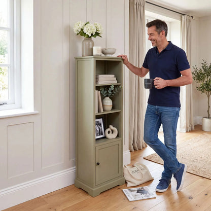 Olive Green Pine Wood 1 Door 3 Shelf Display Storage Unit with Matt Black Door Knob styled in a modern country home with a man holding a Click Style mug 153x38x30cm | Click Style