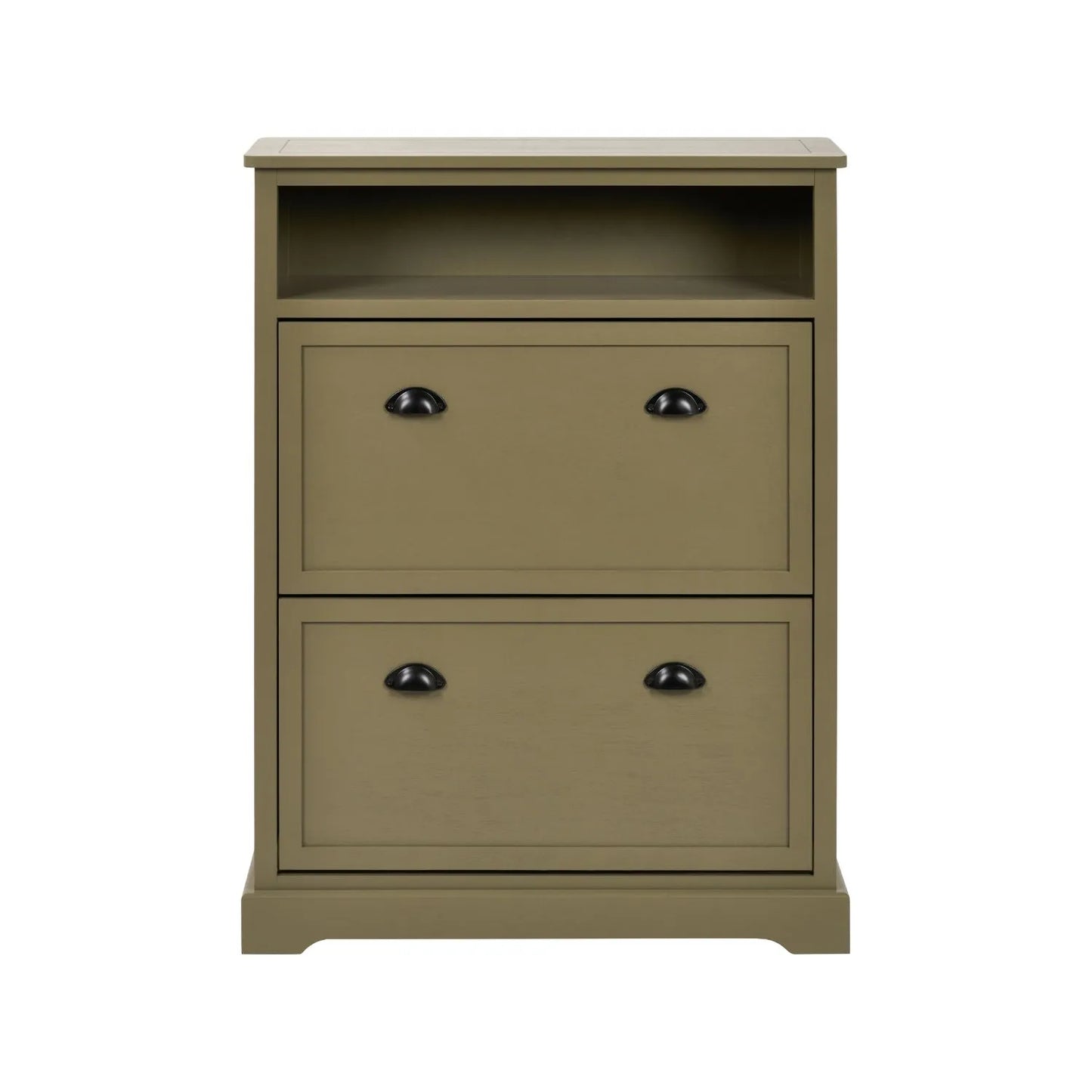 Olive Green Pine Wood 2 Drawer Shoe Storage Unit with Matt Black Cup Handles front view styled with open display shelf 106x80x28cm | Click Style