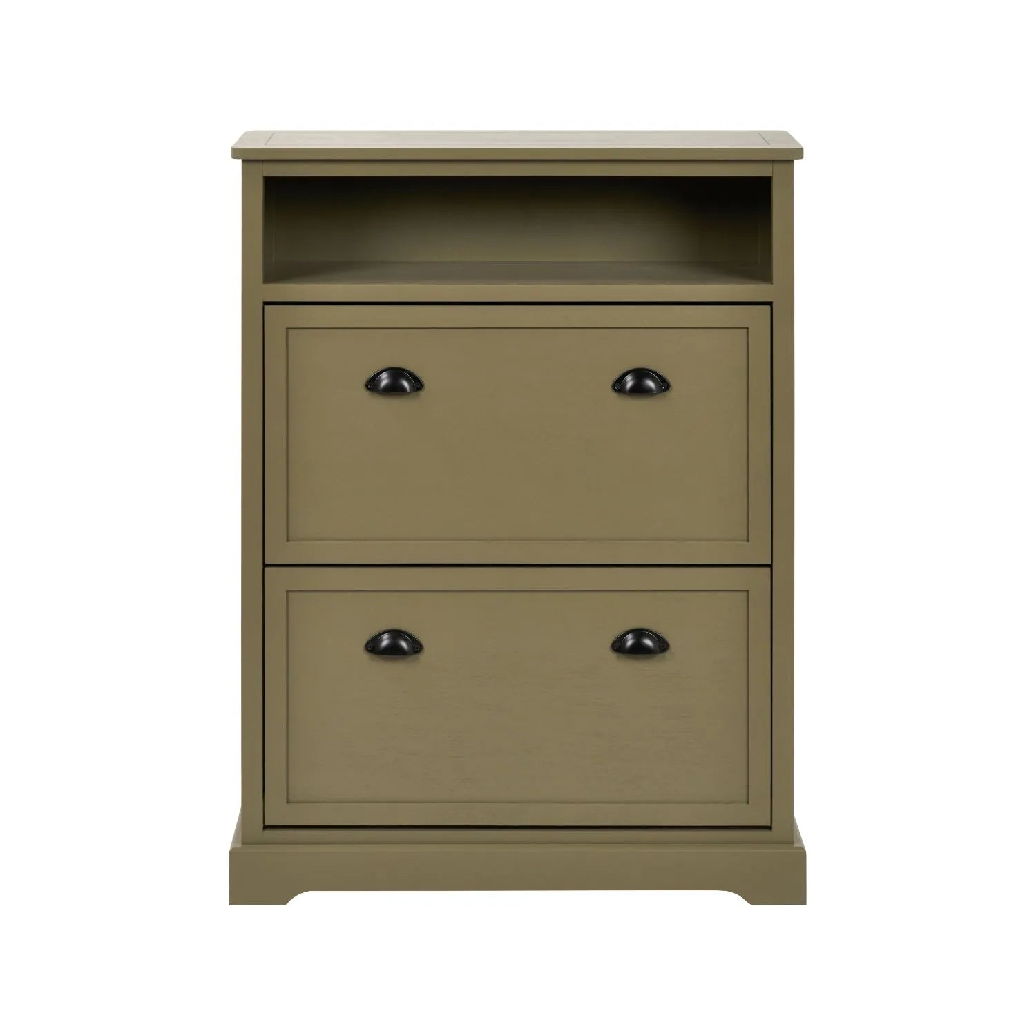Olive Green Pine Wood 2 Drawer Shoe Storage Unit with Matt Black Cup Handles front view styled with open display shelf 106x80x28cm | Click Style