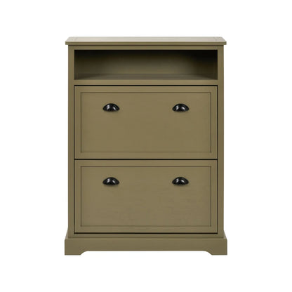 Olive Green Pine Wood 2 Drawer Shoe Storage Unit with Matt Black Cup Handles front view styled with open display shelf 106x80x28cm | Click Style