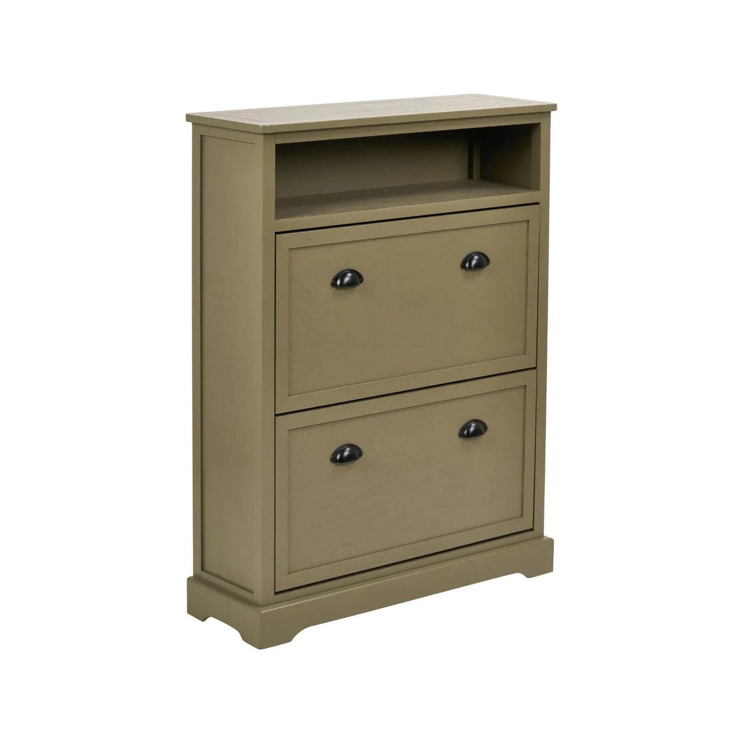 Olive Green Pine Wood 2 Drawer Shoe Storage Unit with Matt Black Cup Handles angled right view with open display shelf 106x80x28cm | Click Style