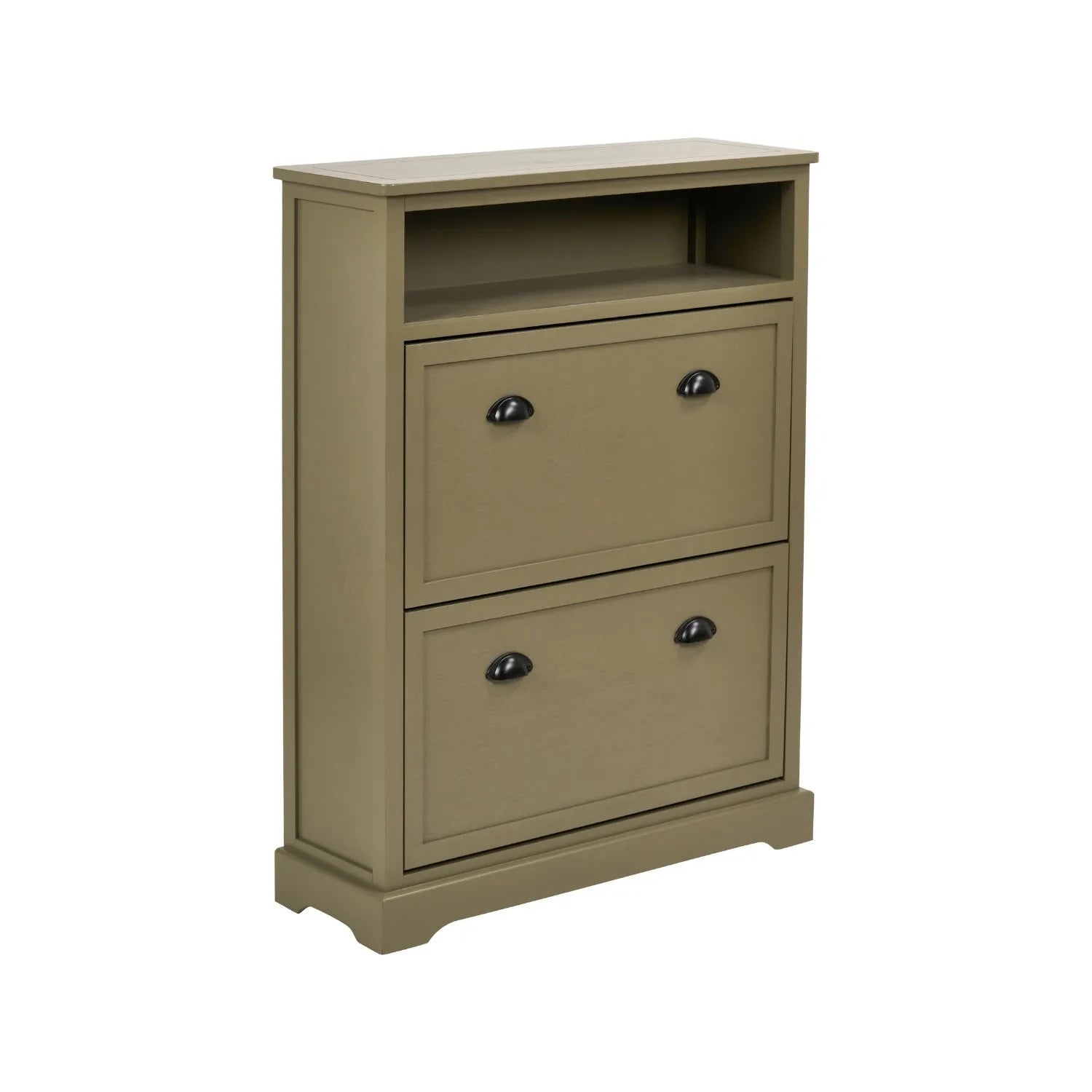 Olive Green Pine Wood 2 Drawer Shoe Storage Unit with Matt Black Cup Handles angled right view with open display shelf 106x80x28cm | Click Style