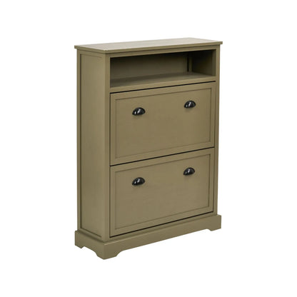 Olive Green Pine Wood 2 Drawer Shoe Storage Unit with Matt Black Cup Handles angled right view with open display shelf 106x80x28cm | Click Style
