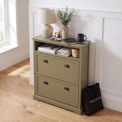 Olive Green Pine Wood 2 Drawer Shoe Storage Unit with Matt Black Cup Handles styled in a modern country hallway with Click Style branded accessories and tote bag 106x80x28cm | Click Style