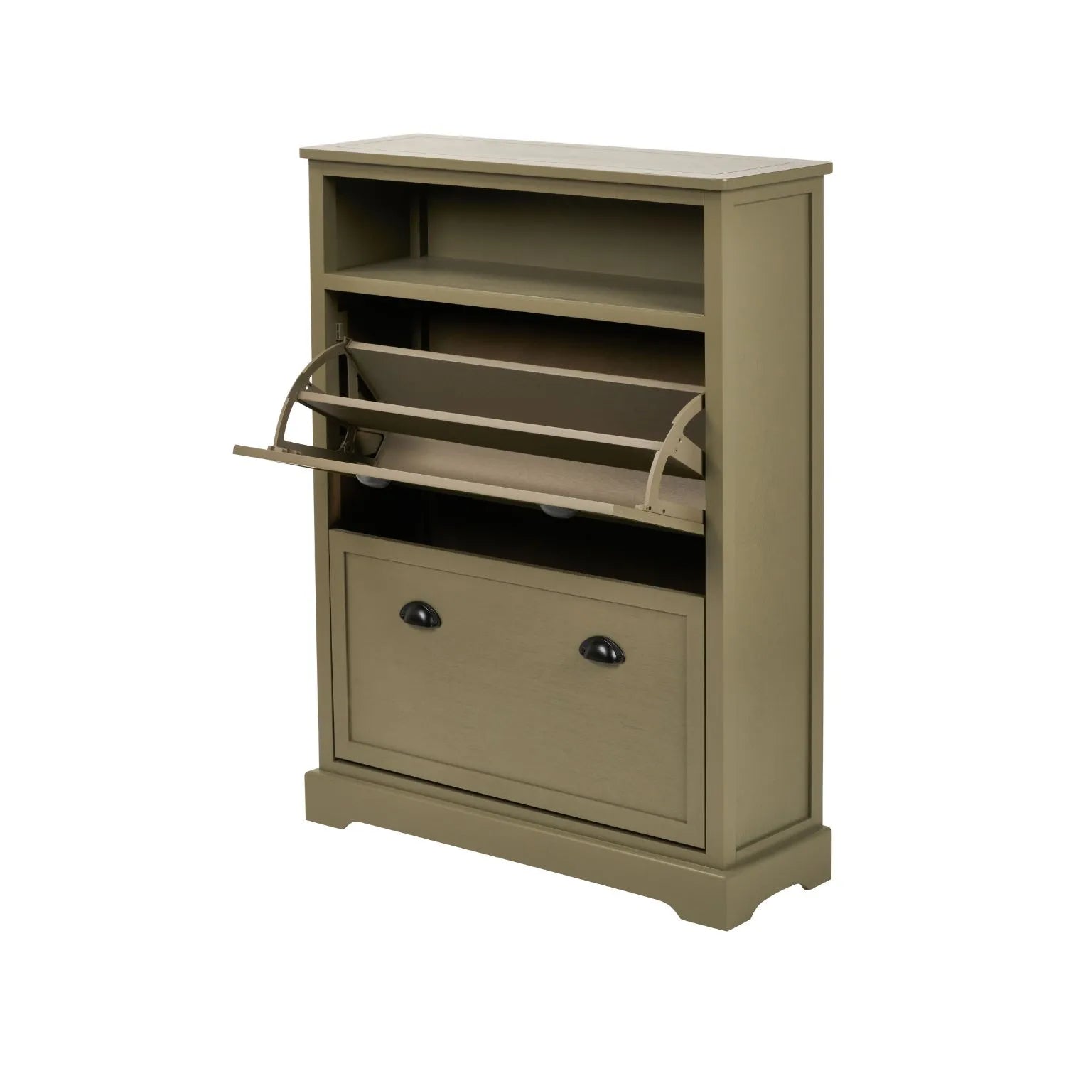Olive Green Pine Wood 2 Drawer Shoe Storage Unit with Matt Black Cup Handles angled left view with one drawer open and open display shelf 106x80x28cm | Click Style