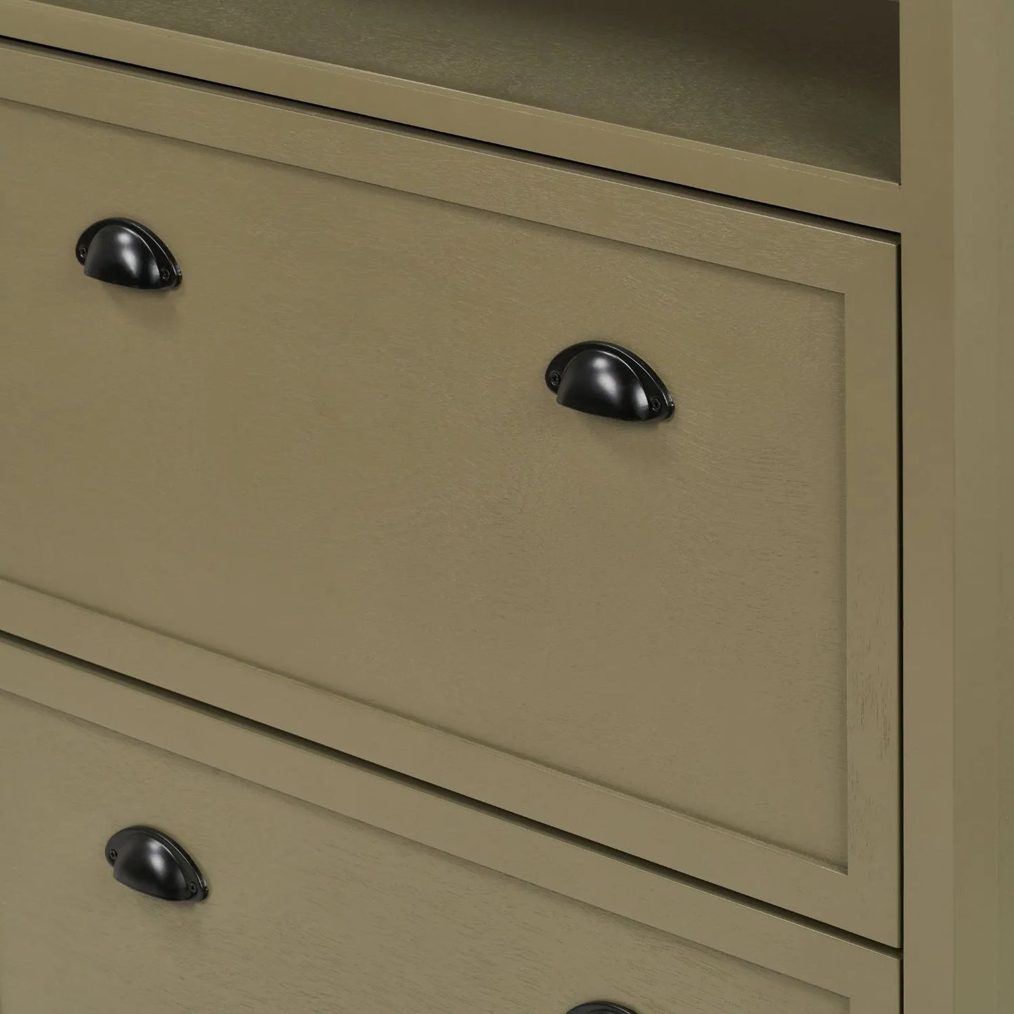 Olive Green Pine Wood 2 Drawer Shoe Storage Unit with Matt Black Cup Handles close up of right hand side with top drawer open and cup handles 106x80x28cm | Click Style