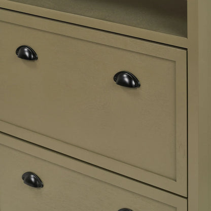 Olive Green Pine Wood 2 Drawer Shoe Storage Unit with Matt Black Cup Handles close up of right hand side with top drawer open and cup handles 106x80x28cm | Click Style