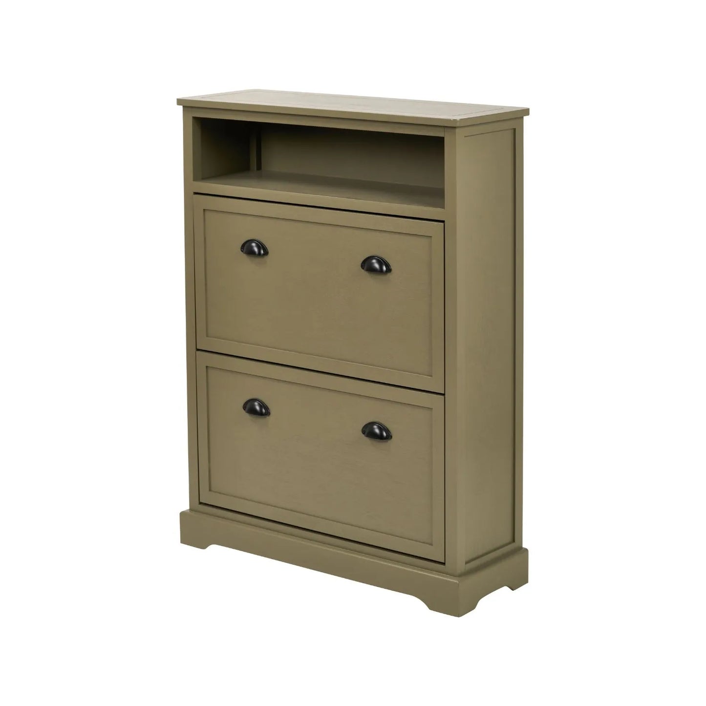 Olive Green Pine Wood 2 Drawer Shoe Storage Unit with Matt Black Cup Handles angled left view with open display shelf 106x80x28cm | Click Style
