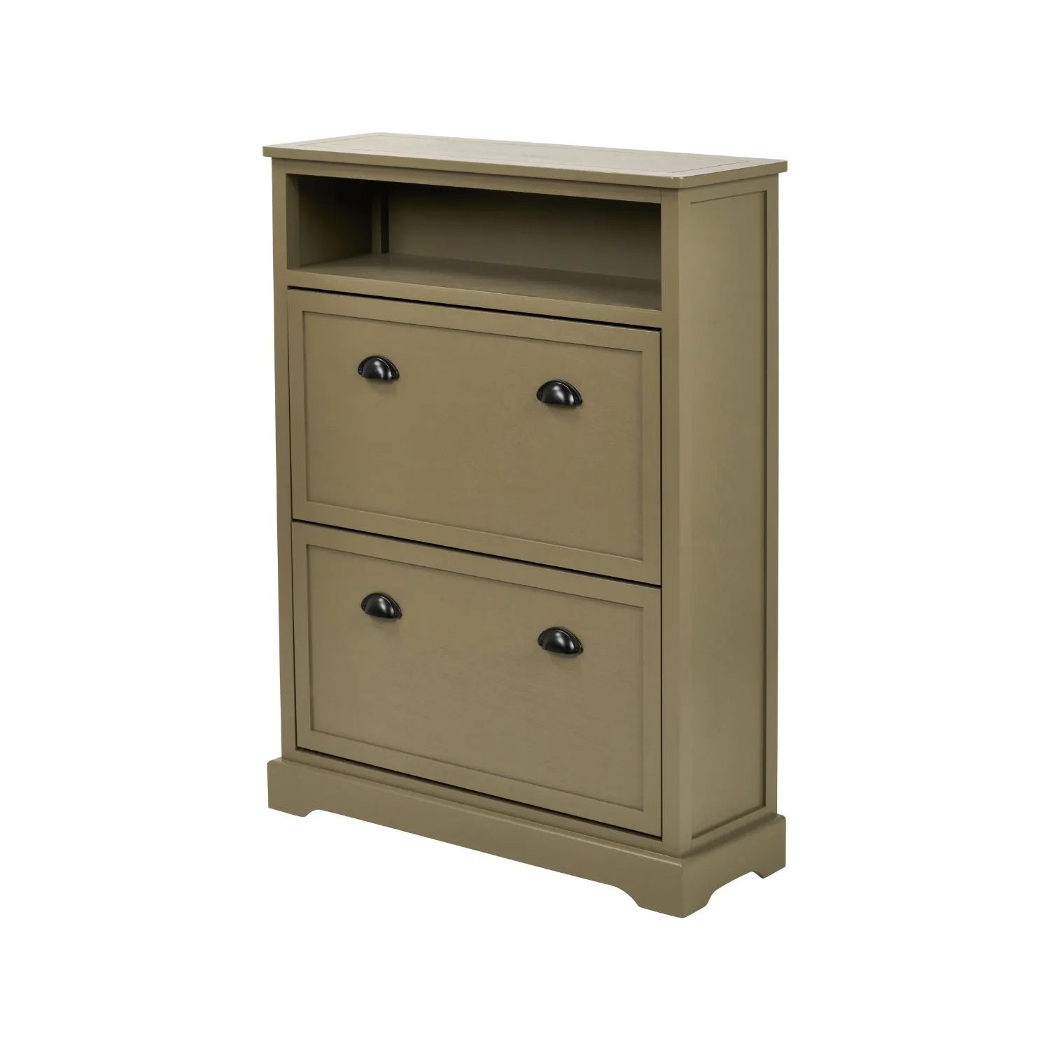 Olive Green Pine Wood 2 Drawer Shoe Storage Unit with Matt Black Cup Handles angled left view with open display shelf 106x80x28cm | Click Style