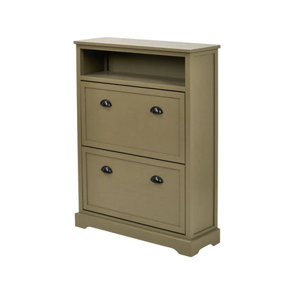 Olive Green Pine Wood 2 Drawer Shoe Storage Unit with Matt Black Cup Handles angled left view with open display shelf 106x80x28cm | Click Style