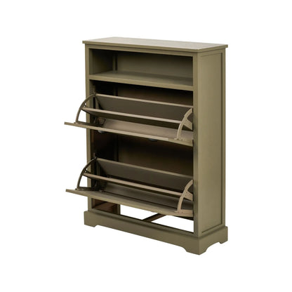 Olive Green Pine Wood 2 Drawer Shoe Storage Unit with Matt Black Cup Handles angled left view with both drawers open and open display shelf 106x80x28cm | Click Style
