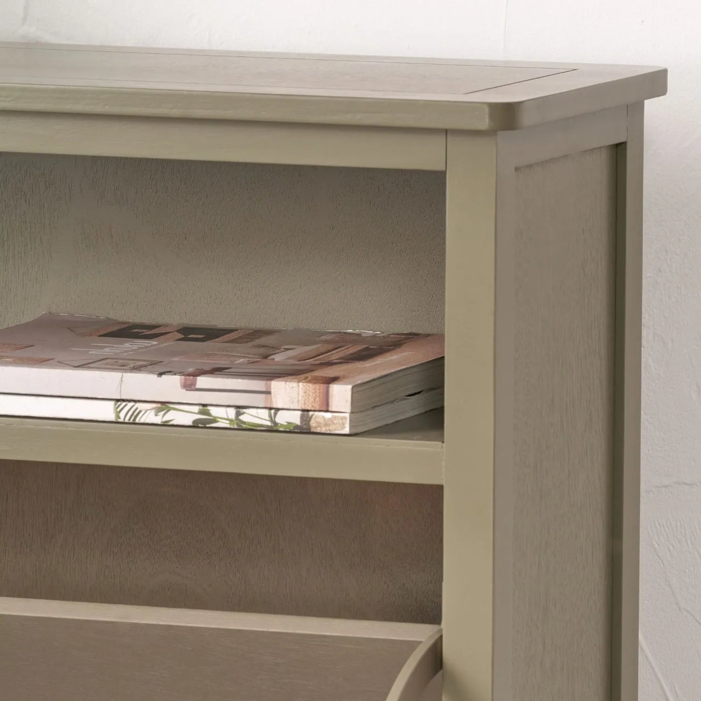 Olive Green Pine Wood 2 Drawer Shoe Storage Unit with Matt Black Cup Handles close up of top right open shelf styled with magazines 106x80x28cm | Click Style