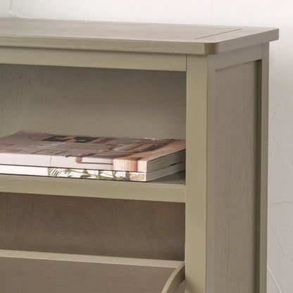Olive Green Pine Wood 2 Drawer Shoe Storage Unit with Matt Black Cup Handles close up of top right open shelf styled with magazines 106x80x28cm | Click Style