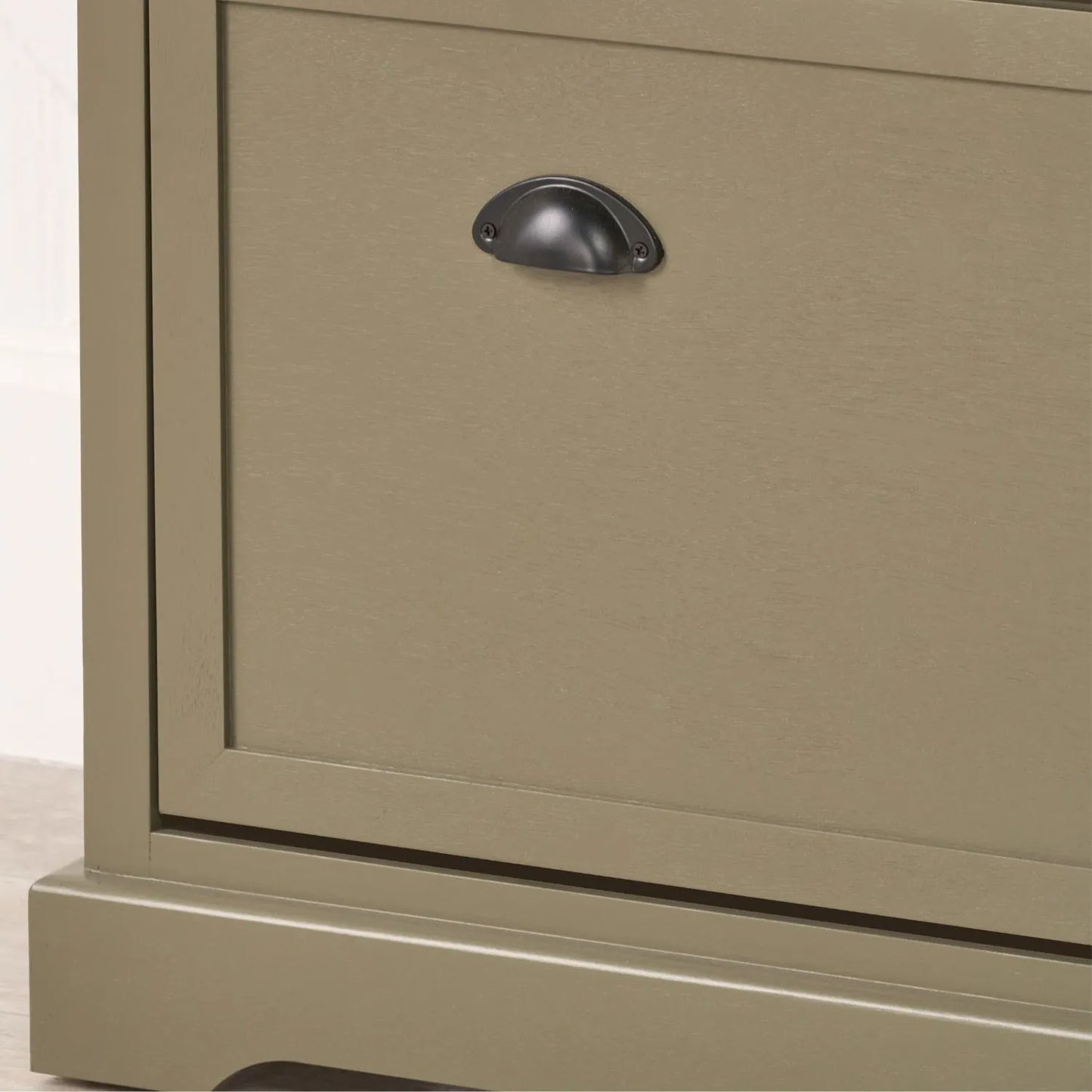 Olive Green Pine Wood 2 Drawer Shoe Storage Unit with Matt Black Cup Handles lifestyle close up of bottom left plinth and cup handle 106x80x28cm | Click Style
