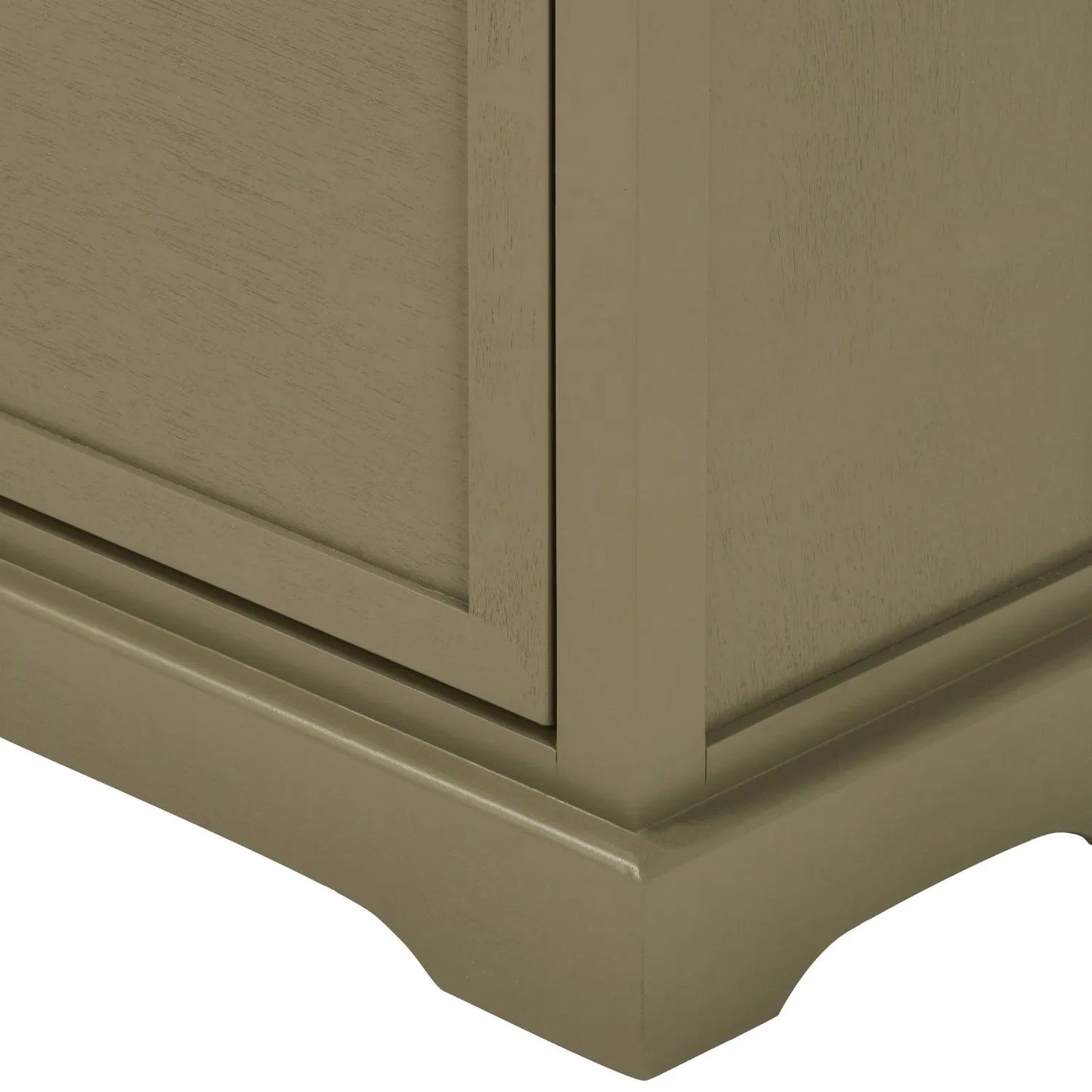 Olive Green Pine Wood 2 Drawer Shoe Storage Unit with Matt Black Cup Handles close up of bottom right plinth and side panel 106x80x28cm | Click Style