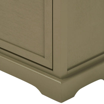 Olive Green Pine Wood 2 Drawer Shoe Storage Unit with Matt Black Cup Handles close up of bottom right plinth and side panel 106x80x28cm | Click Style