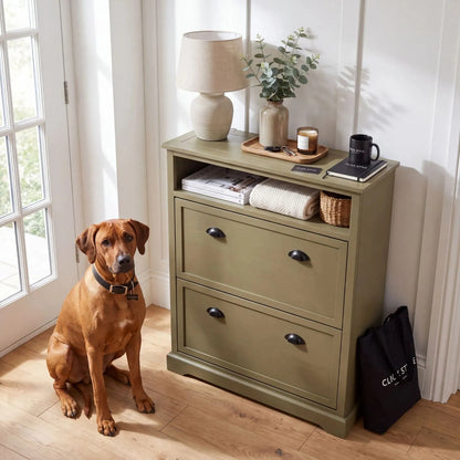 Olive Green Pine Wood 2 Drawer Shoe Storage Unit with Matt Black Cup Handles styled in a modern country hallway with a Rhodesian Ridgeback dog beside the cabinet 106x80x28cm | Click Style