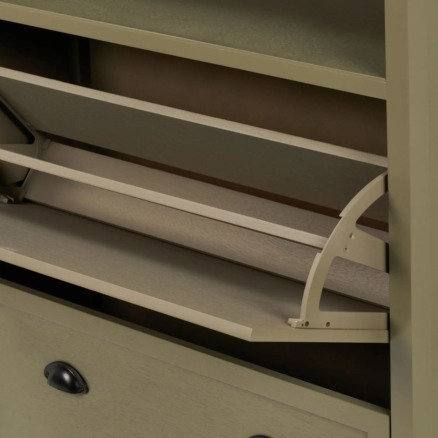 Olive Green Pine Wood 2 Drawer Shoe Storage Unit with Matt Black Cup Handles close up of top open drawer and cup handle 106x80x28cm | Click Style