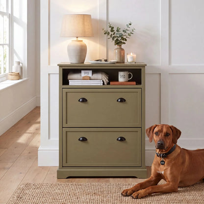 Olive Green Pine Wood 2 Drawer Shoe Storage Unit with Matt Black Cup Handles styled in a modern country hallway with Brodie, a ginger Rhodesian Ridgeback, lying beside the cabinet 106x80x28cm | Click Style