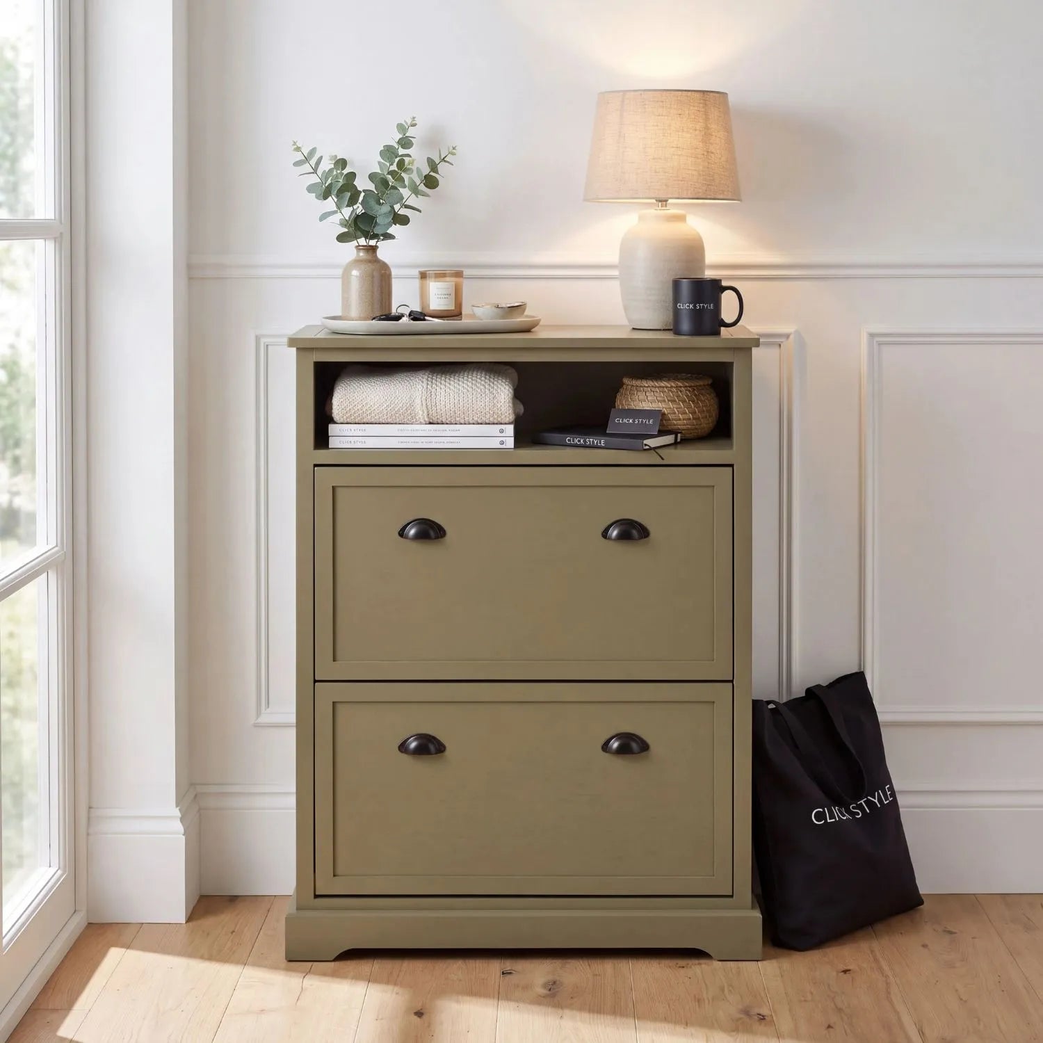 Olive Green Pine Wood 2 Drawer Shoe Storage Unit with Matt Black Cup Handles styled in a modern country hallway with table lamp vase eucalyptus Click Style tote bag and home accessories 106x80x28cm | Click Style