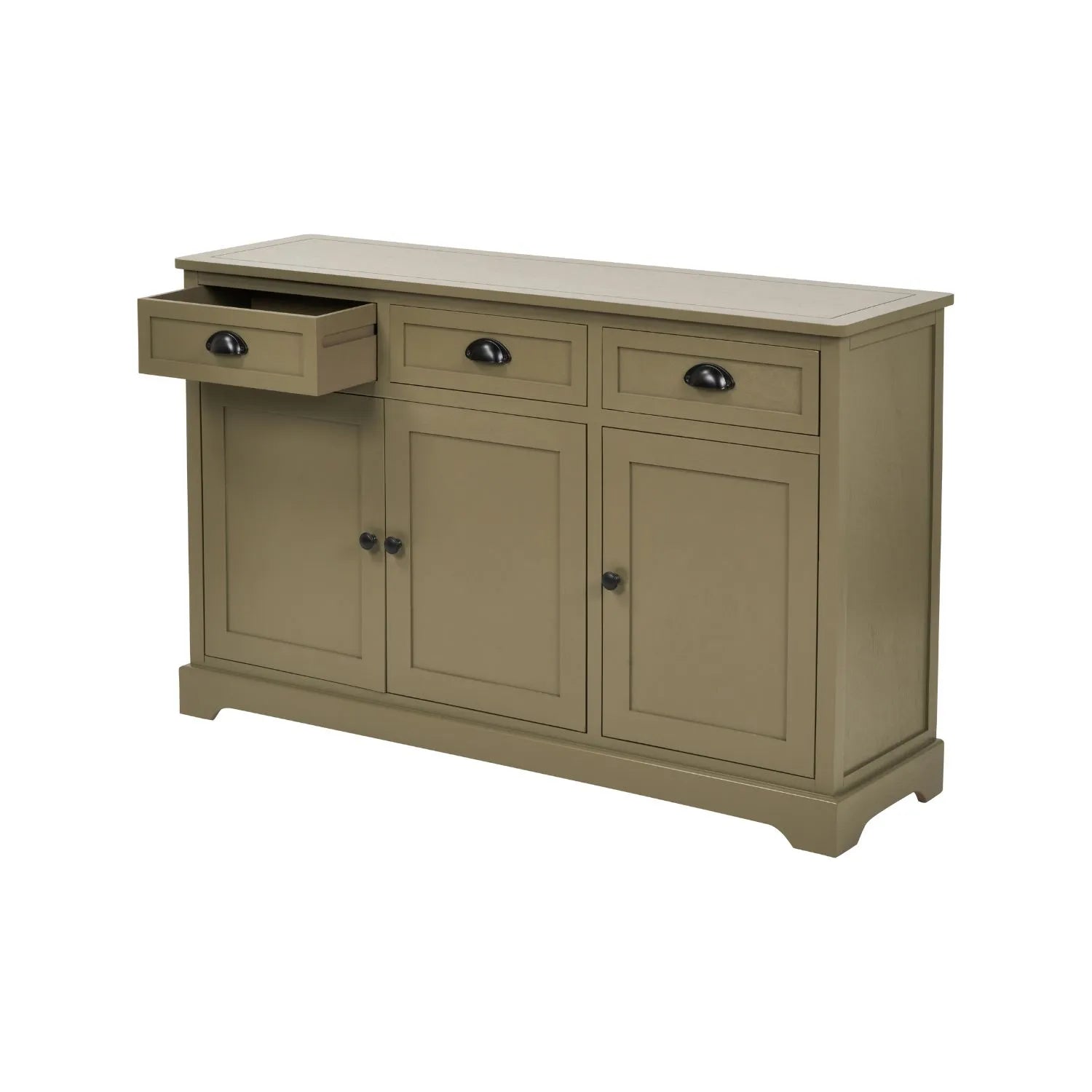 Olive Green Pine Wood 3 Door 3 Drawer Sideboard with Matt Black Cup Handles left angled view with first drawer open 75x120x35cm | Click Style