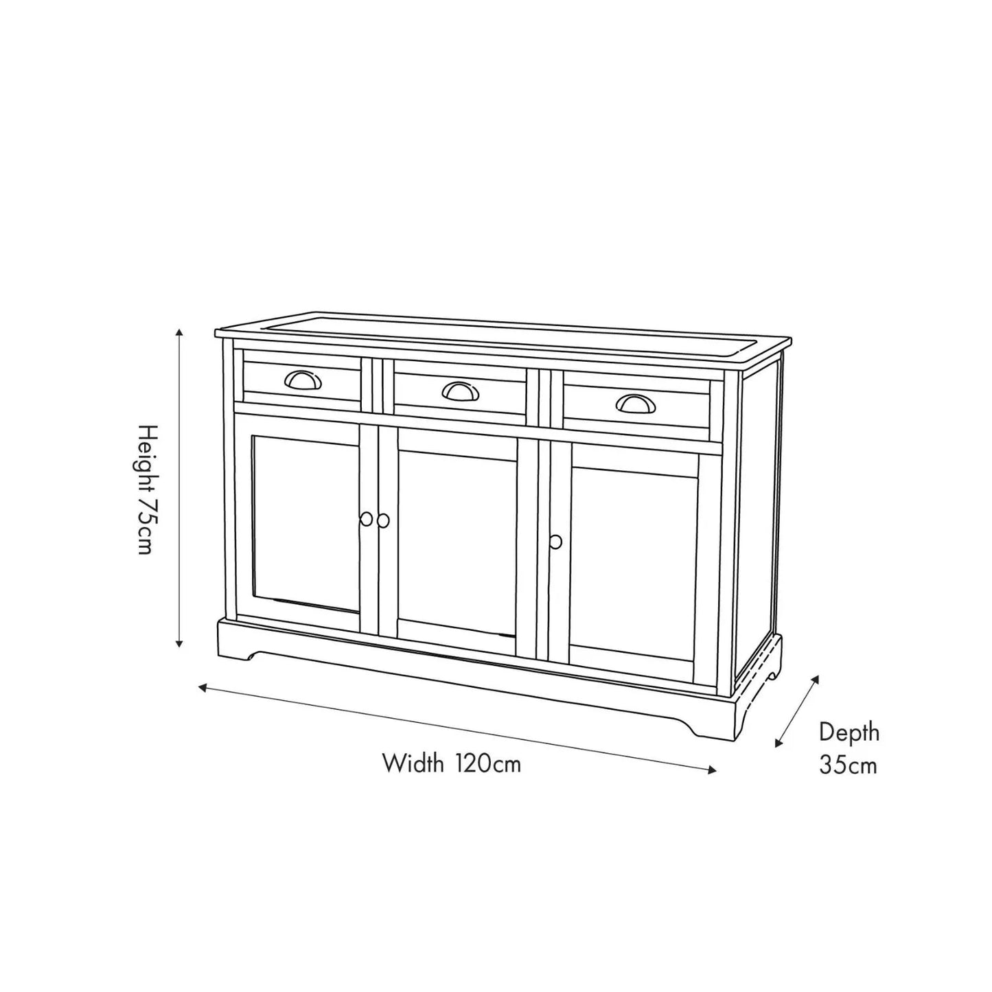 Olive Green Pine Wood 3 Door 3 Drawer Sideboard with Matt Black Cup Handles dimensions drawing 75x120x35cm | Click Style
